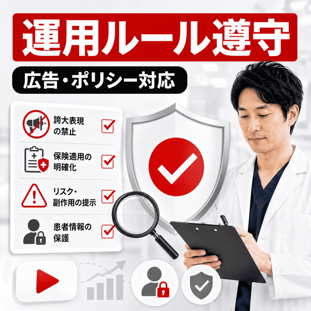 医療広告ガイドラインとYouTubeポリシーを守るための運用ルールとチェック体制を示す図