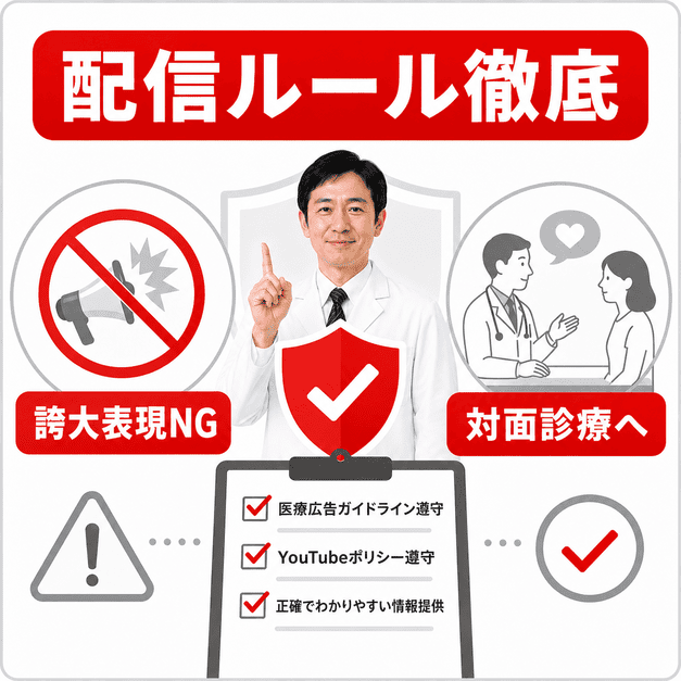 医療広告ガイドラインとYouTubeポリシーを守り、誇大表現を避けて対面診療へ適切に案内する配信ルールのイラスト