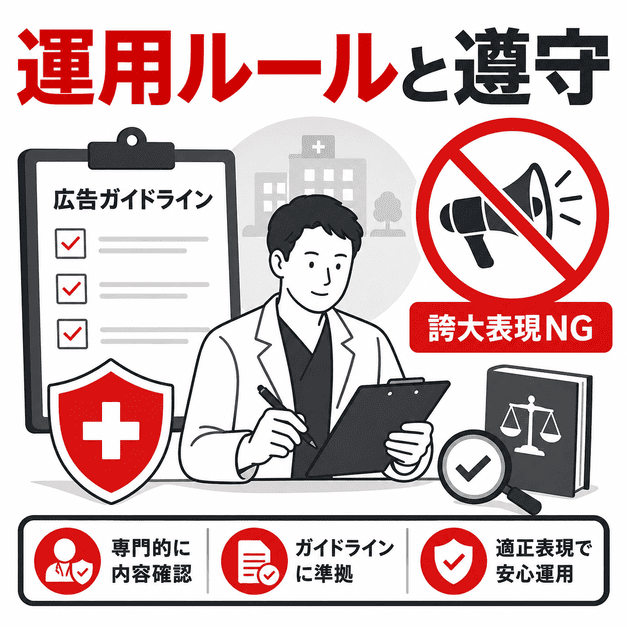 医療広告ガイドラインやYouTubeポリシーを守り、誇大表現を避けて安全に動画運用するためのチェック体制を示したイラスト