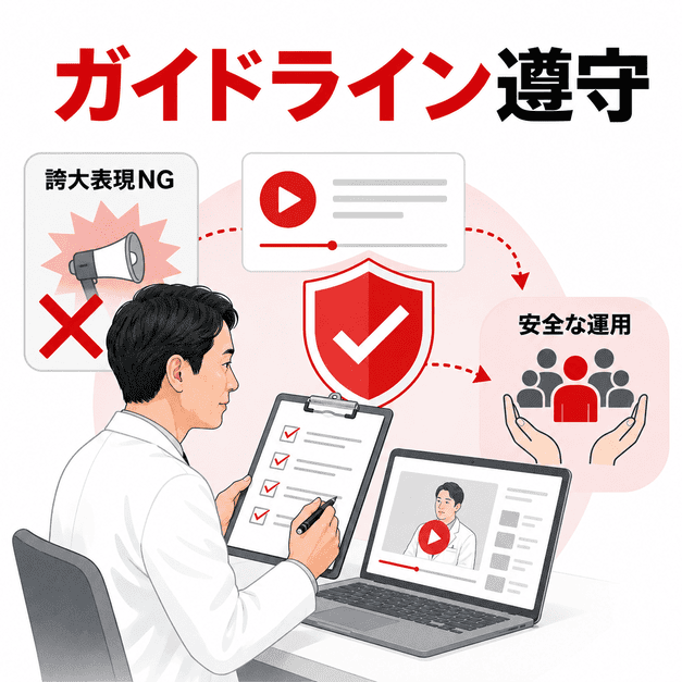 医師が動画内容をチェックし、医療広告ガイドラインと安全な運用ルールを守る様子を示すイラスト