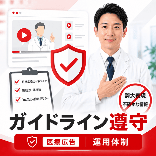 医療広告ガイドラインとYouTube独自ポリシーを守るためのチェック体制を示したイラスト