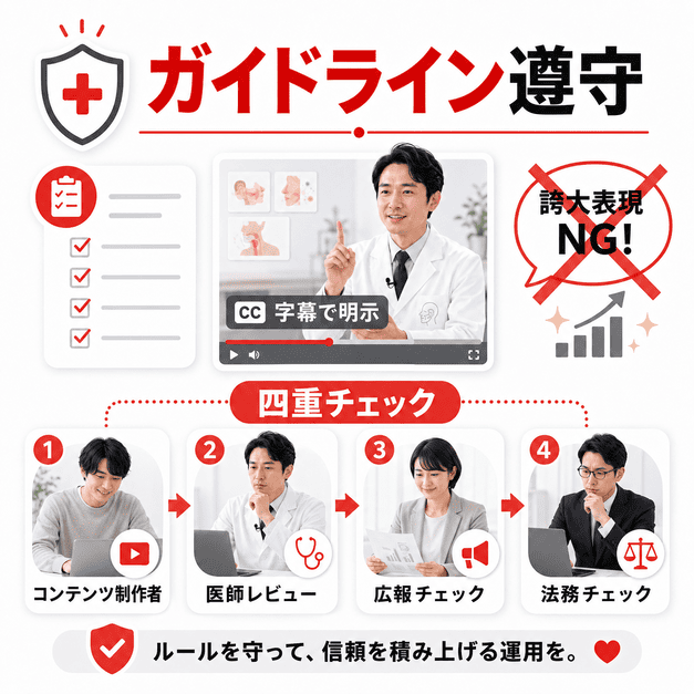 医療広告ガイドラインとYouTubeポリシーを守るために、字幕明示や四重チェックを行う運用ルールのイメージ