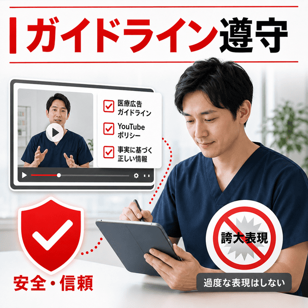 医療広告ガイドラインとYouTubeポリシーを確認しながら安全で信頼性の高い動画発信を行う様子