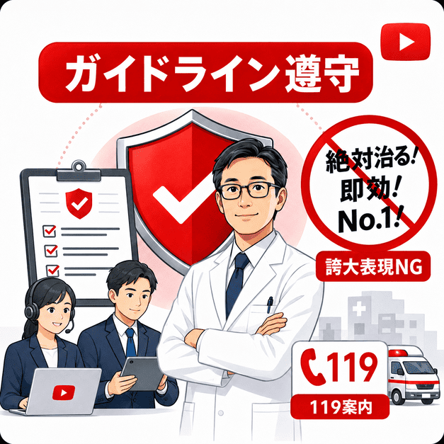 医療広告ガイドラインとYouTubeポリシーを守り、誇大表現を避けて119案内を整える運用体制を示したイラスト