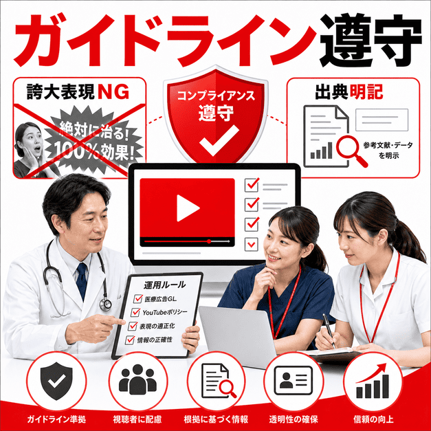 医療広告ガイドラインとYouTubeポリシーを守り、誇大表現を避けて正確な情報を発信する運用ルールを示したイラスト