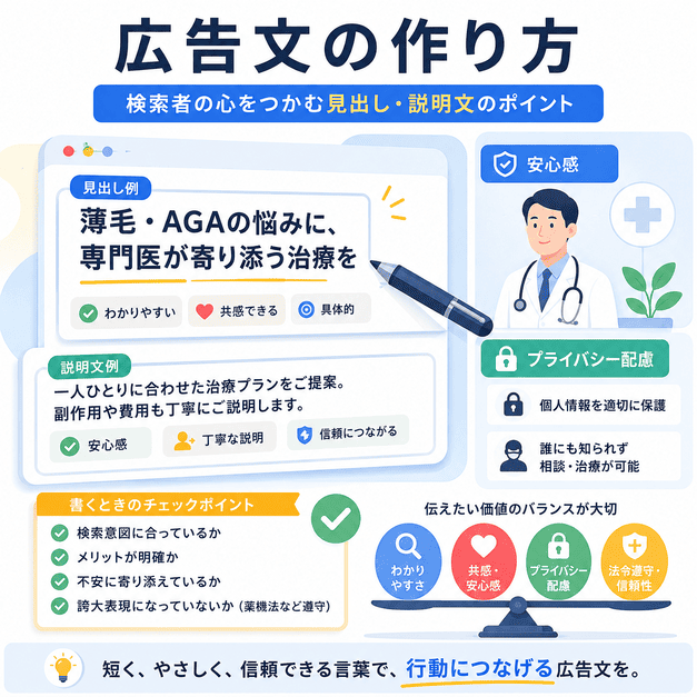 メンズヘルス広告の見出しと説明文で安心感、具体性、プライバシー配慮を伝える作成ポイント