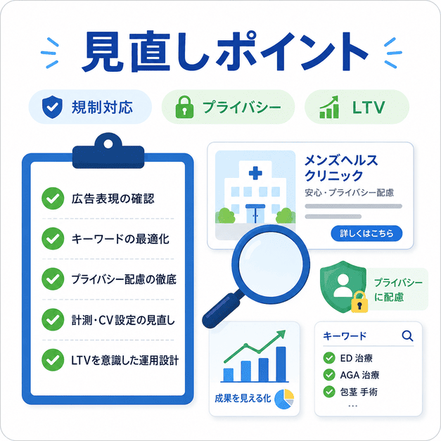 メンズヘルスクリニックのGoogleリスティング広告で規制対応、プライバシー、LTVを見直すチェックポイント