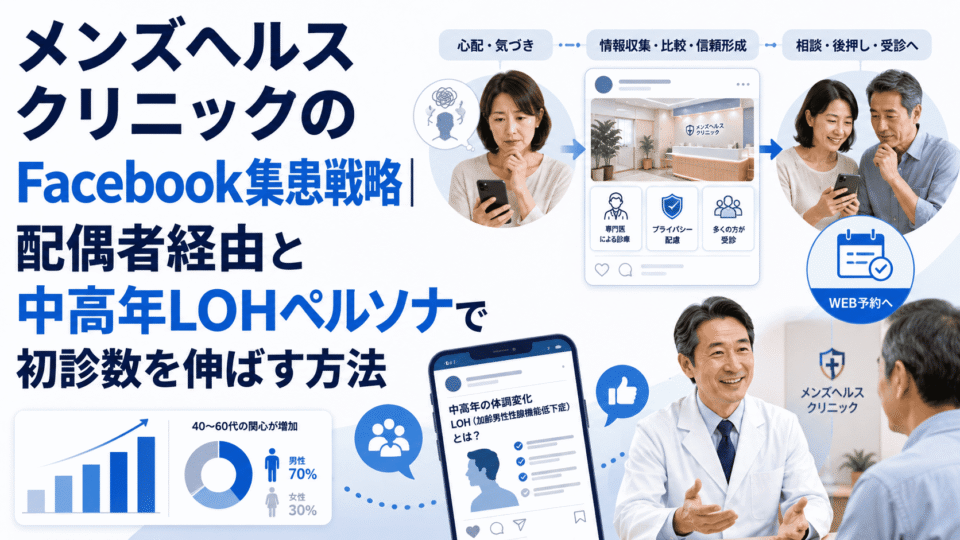 メンズヘルスクリニックのFacebook集患戦略として、配偶者経由の相談から中高年男性の受診につながる流れを表した画像