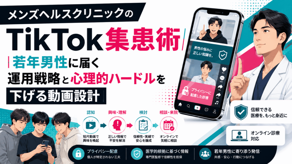 メンズヘルスクリニックのTikTok集患術として、若年男性への動画発信やオンライン診療導線を医師とスマートフォンで表したイメージ
