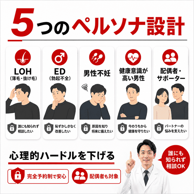 LOH、ED、男性不妊、健康意識層、配偶者の5つのペルソナを分けて男性患者の心理的ハードルを下げるイラスト