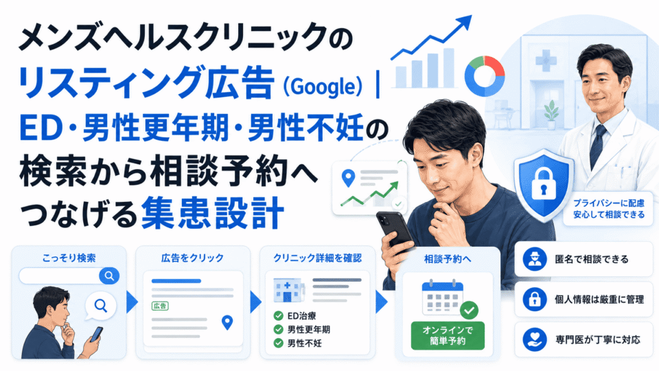 メンズヘルスクリニックのGoogleリスティング広告でED・男性更年期・男性不妊の検索から相談予約へつなげる流れを示したイメージ