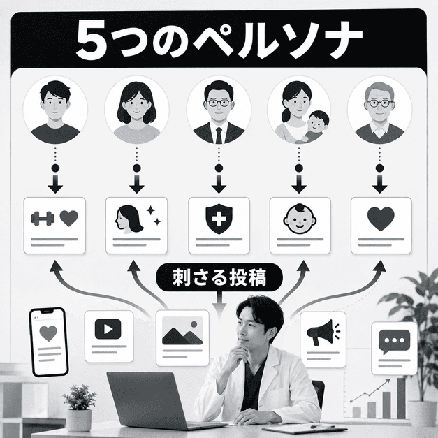5つのペルソナ層に合わせて、刺さる投稿内容を届ける配信設計を表したイラスト