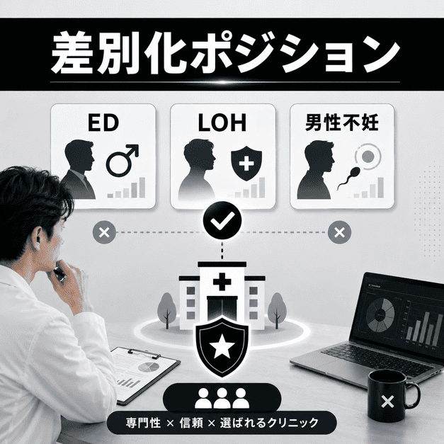 ED・LOH症候群・男性不妊の診療テーマから、クリニックの差別化ポジションを選ぶ様子を表したイラスト