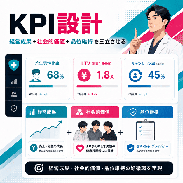 若年男性比率、LTV、品位維持などメンズヘルス特有のKPIをダッシュボードで管理するイラスト