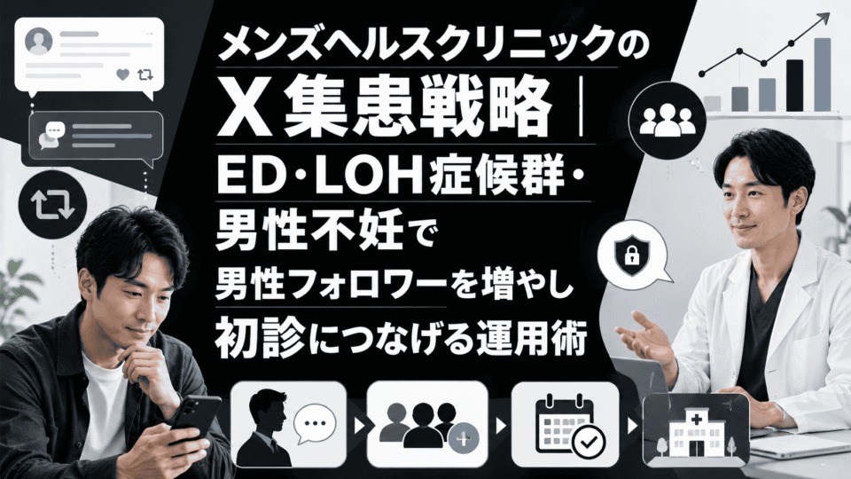 メンズヘルスクリニックのX集患戦略を、男性患者と医師、投稿カードや分析グラフで表したアイキャッチ画像
