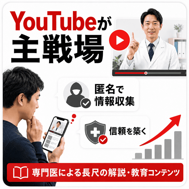 男性患者がスマートフォンで医師の動画解説を匿名で視聴し、YouTubeが集患の主戦場になる理由を表したイラスト