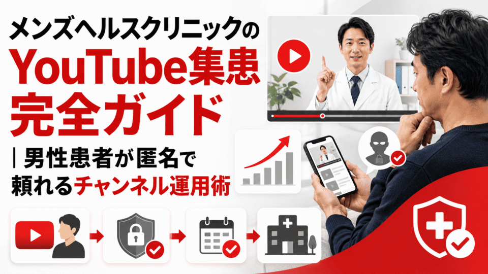 メンズヘルスクリニックのYouTube集患について、男性患者が匿名で情報収集し医師の動画解説を視聴しているイメージ