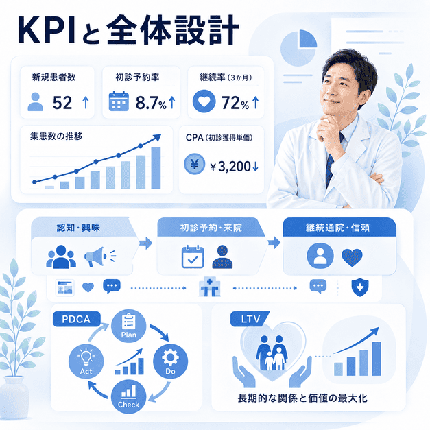 心療内科Facebook集患のKPI、PDCA、LTV、継続通院導線をまとめた経営指標の図解