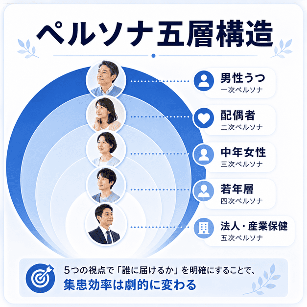 心療内科Facebook集患で男性うつ、配偶者、中高年女性、若年層、法人を分けたペルソナ五層構造の図解