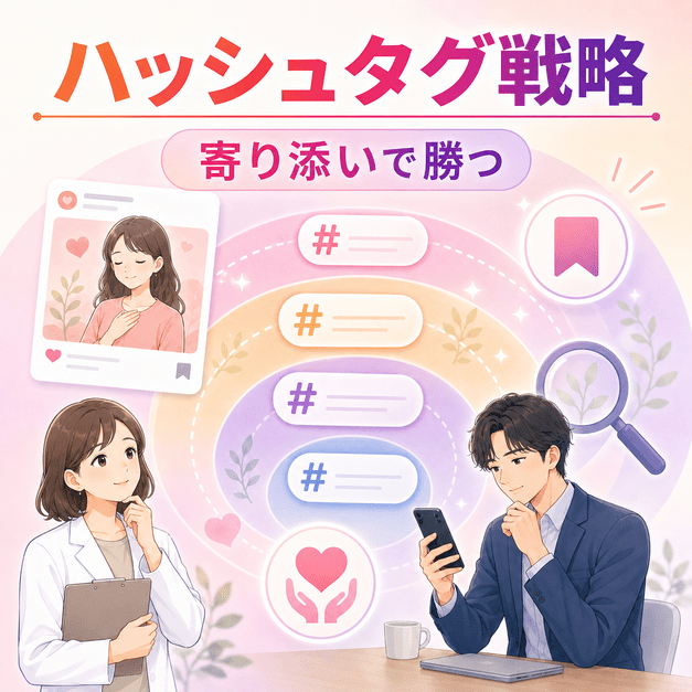 心療内科Instagramのハッシュタグ戦略と発見タブ攻略を、検索・保存・寄り添いの投稿で表現したイラスト