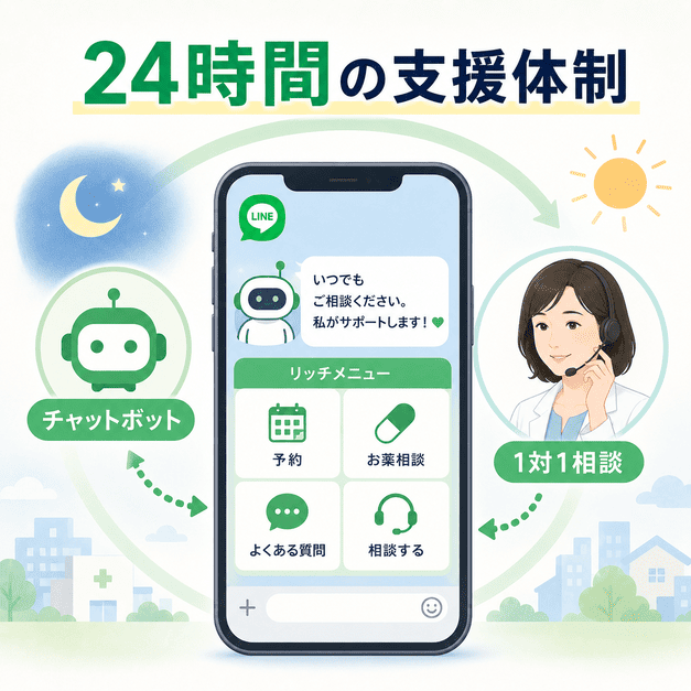 チャットボット、リッチメニュー、1対1相談を組み合わせて24時間患者を支えるLINE運用体制のイラスト
