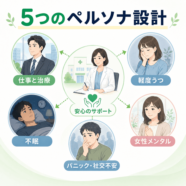 適応障害、軽症うつ、不眠、パニック・社交不安、女性メンタルの5つの患者ペルソナを整理したイラスト