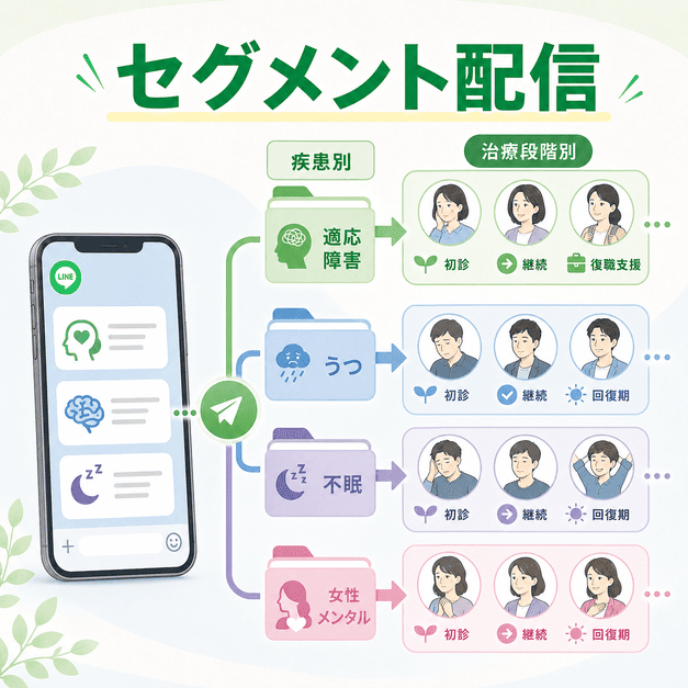 疾患別・治療段階別に患者を分類し、一人ひとりに合ったLINE配信を届けるセグメント配信のイラスト