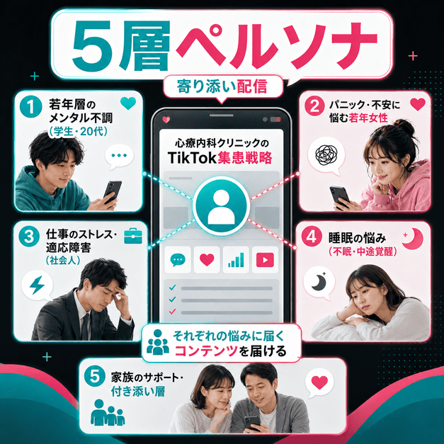 心療内科TikTok集患で五層ペルソナごとの悩みに合わせて配信内容を設計するイメージ