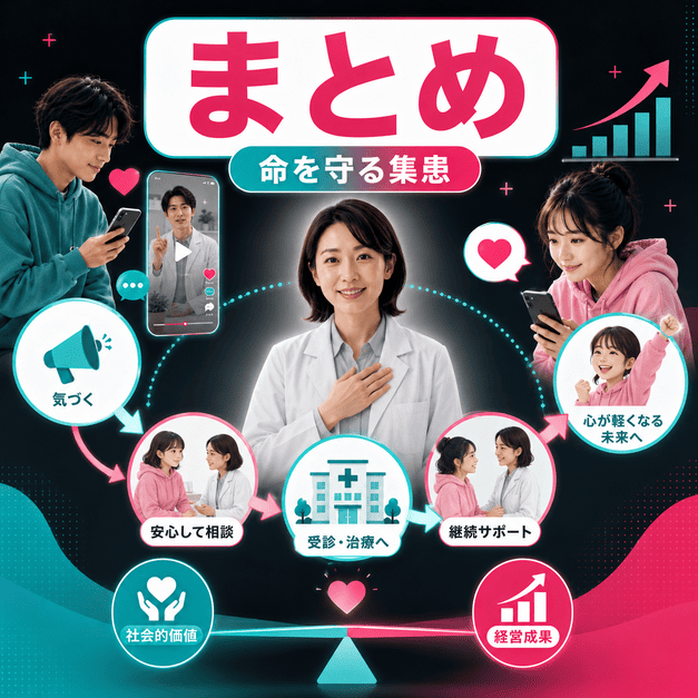 TikTokで若年層の相談から受診、継続支援へつなげ社会的価値と経営成果を両立するイメージ
