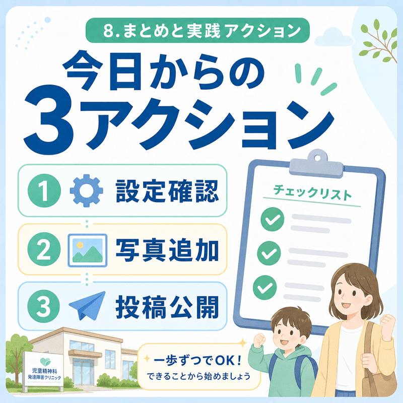 GBP設定確認、写真追加、投稿公開という今日から始められる3つのMEOアクションを示したチェックリスト風イラスト