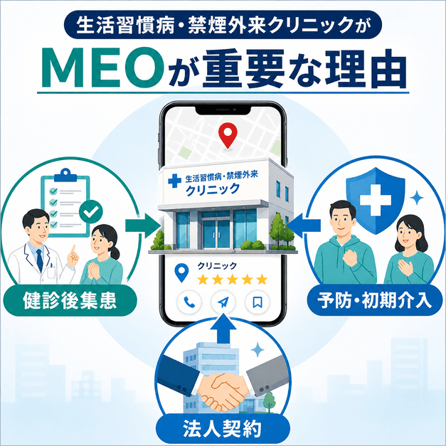 生活習慣病・禁煙外来クリニックがMEO対策で健診後集患、予防・初期介入、法人契約を強化する理由を示した図