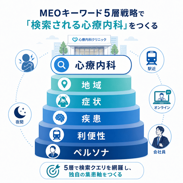 地域・症状・疾患・利便性・ペルソナの5層で心療内科のMEOキーワードを設計する考え方を示した図