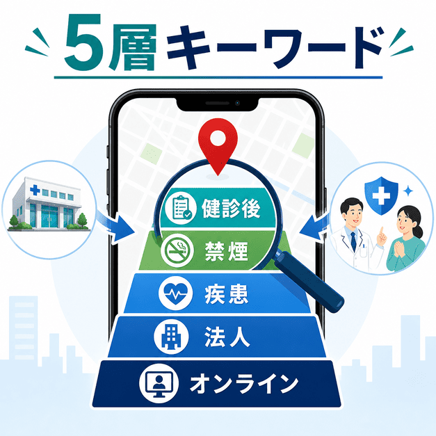 健診後、禁煙、疾患、法人、オンラインの5層でMEOキーワードを設計する図