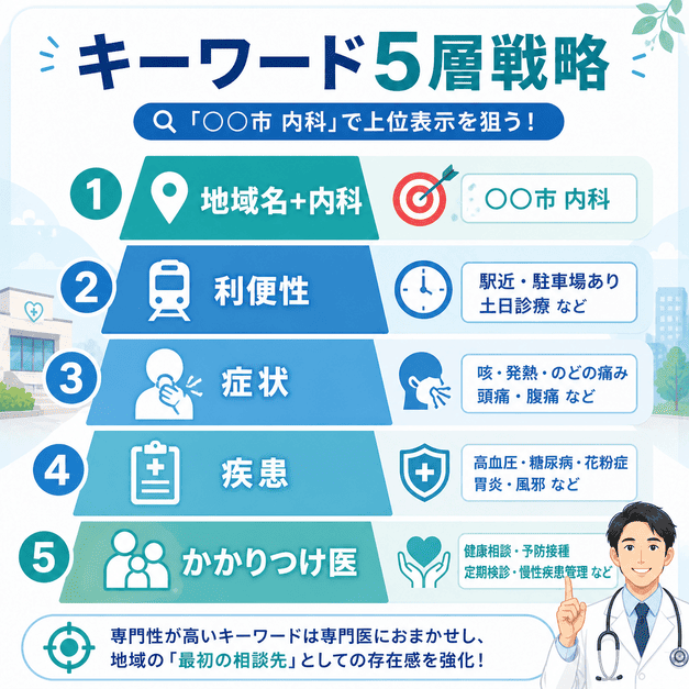 地域名と内科、利便性、症状、疾患、かかりつけ医の5層でMEOキーワードを設計する考え方を示した図