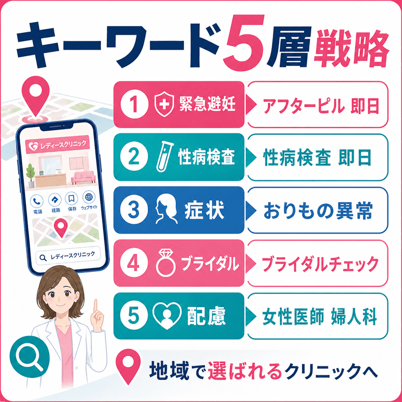 アフターピル即日、性病検査即日、症状、ブライダル、配慮の5層でMEOキーワードを整理した図