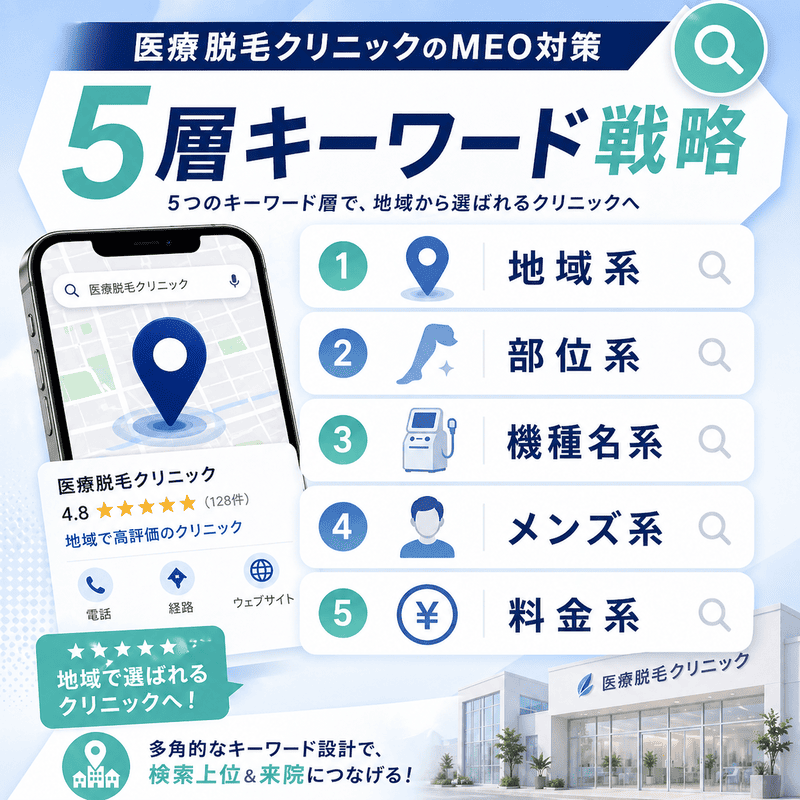 地域系、部位系、機種名系、メンズ系、料金系の5層キーワード戦略を検索画面風に整理したイラスト