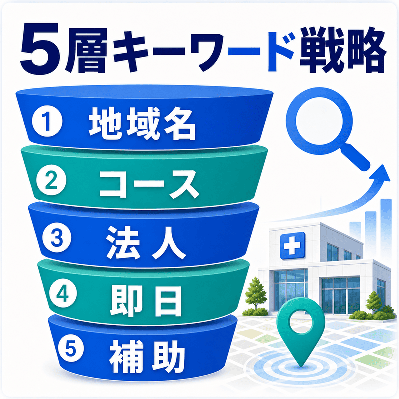 地域名、コース、法人、即日、補助の5層で、健診クリニックのMEOキーワード戦略を整理したファネル図