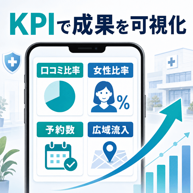 口コミ比率、女性比率、予約数、広域流入などのKPIでMEO施策の成果を可視化する図解