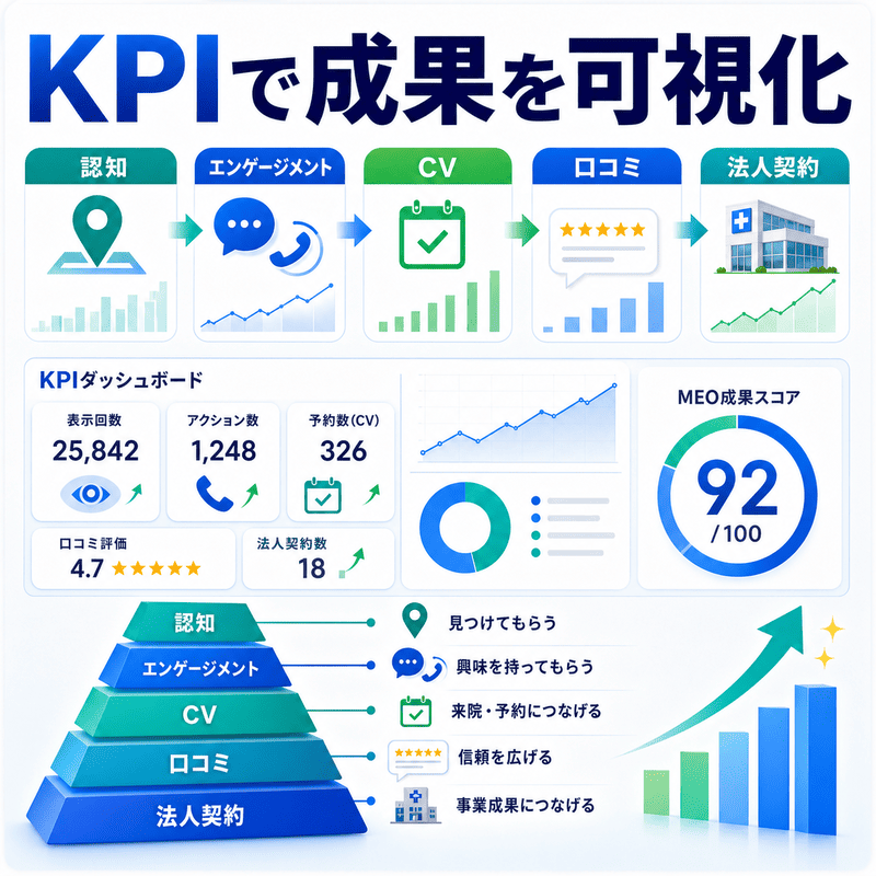 認知、エンゲージメント、CV、口コミ、法人契約の流れと、主要KPIダッシュボードをまとめた図