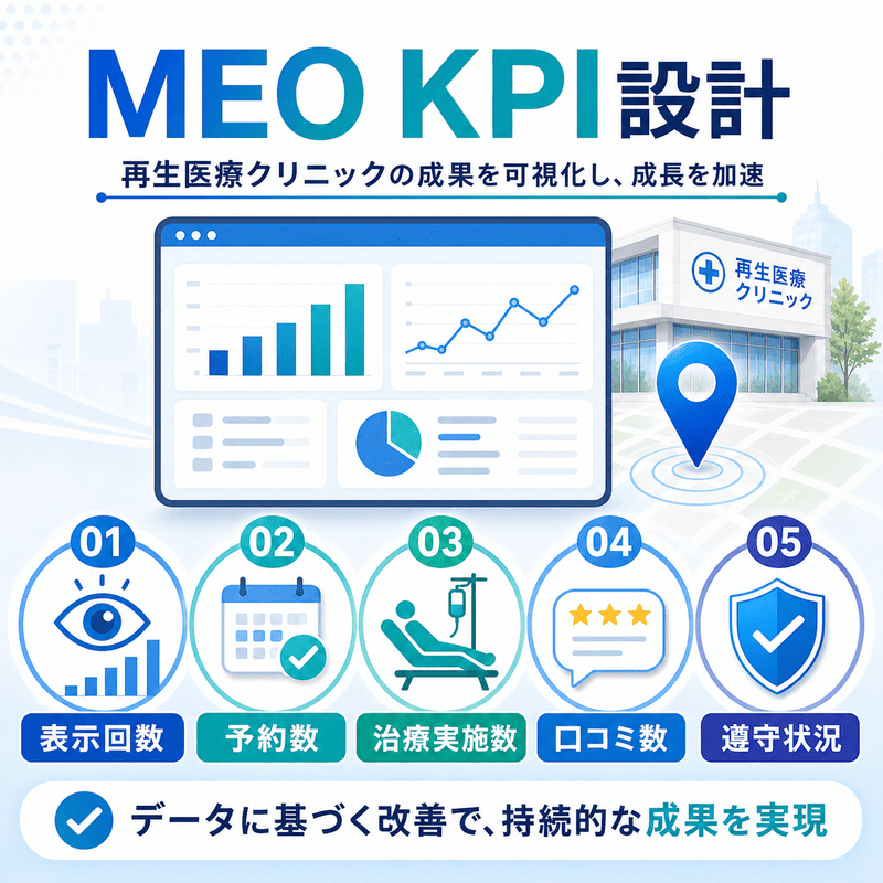 表示回数、予約数、治療実施数、口コミ数、遵守状況の5つのKPIで成果を可視化するイラスト