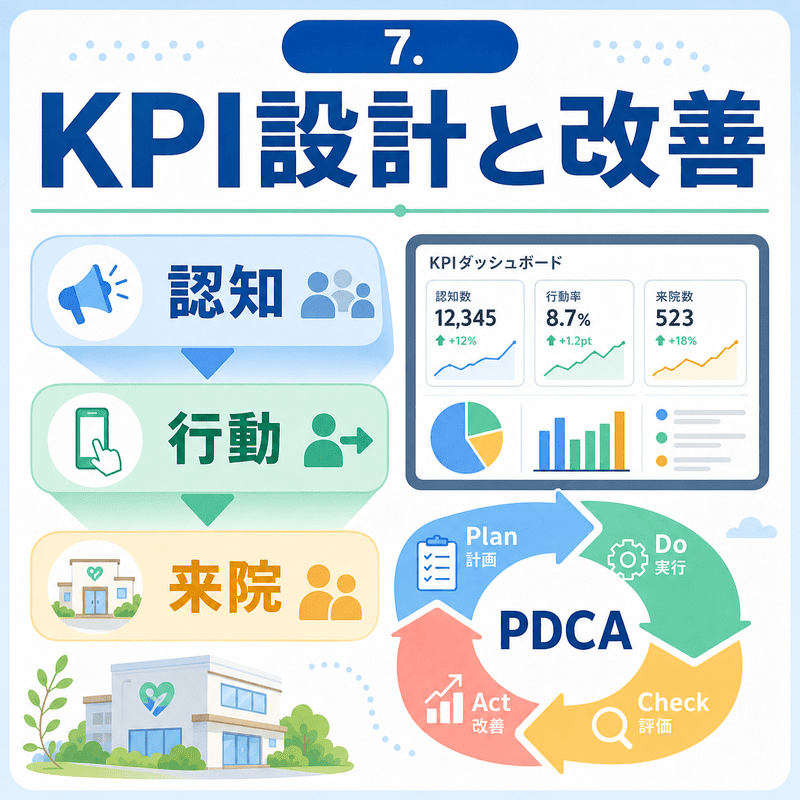 児童精神科クリニックのMEO成果を認知、行動、来院のKPIとPDCAで改善する流れを示したイラスト