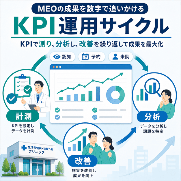 MEO施策の成果をKPIで計測し、分析と改善を繰り返す運用サイクルを示した図