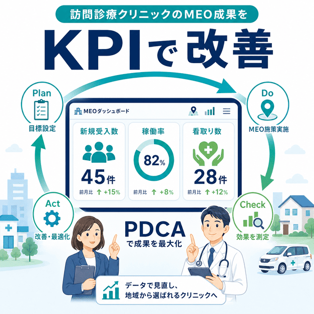 新規受け入れ数、稼働率、看取り数をKPIとして追いPDCAでMEO成果を改善する流れを示した図解