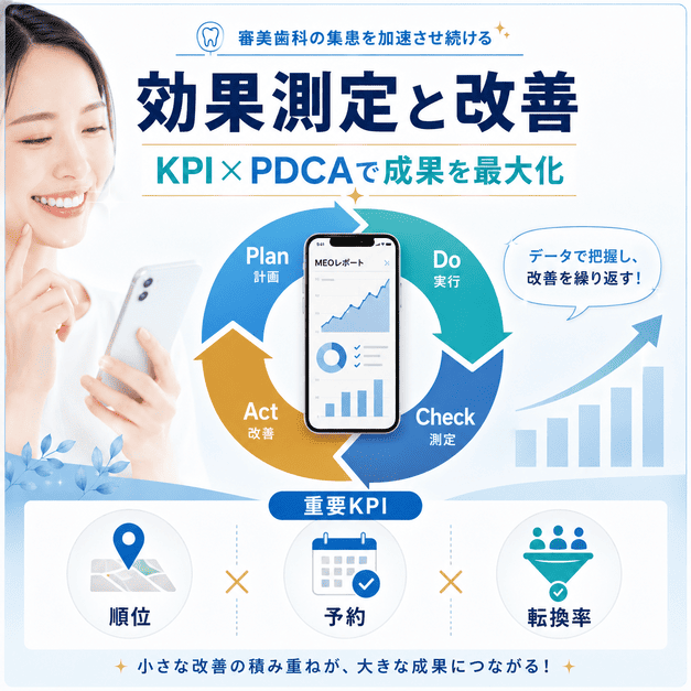 MEOの順位、予約、転換率をKPIとして測定しPDCAで改善を続ける流れを示した図解