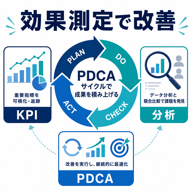 MEO対策のKPI測定・分析・PDCAによって成果を継続的に改善する流れを示した図解