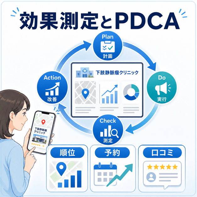 地図検索順位、予約数、口コミを測定しながらPDCAでMEO成果を伸ばす流れを示す図解