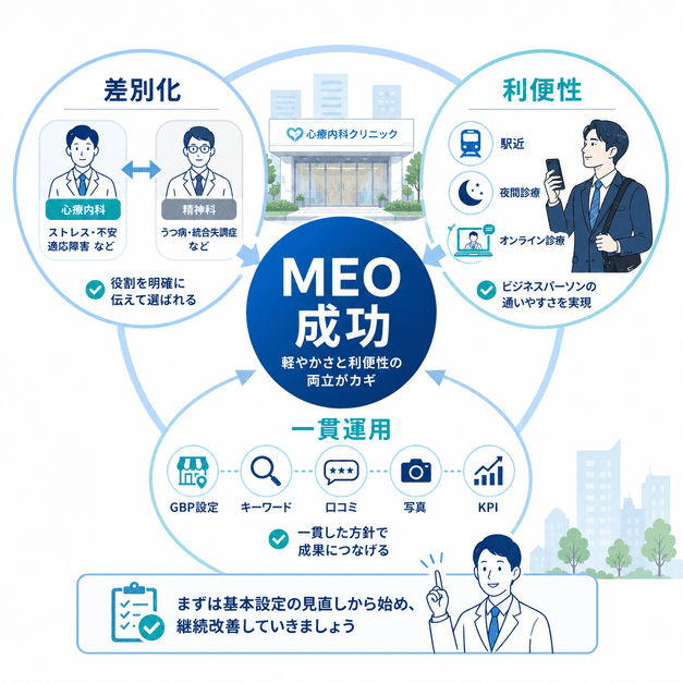 心療内科MEO成功のために差別化、利便性、一貫運用をつなげて継続改善するポイントをまとめた図