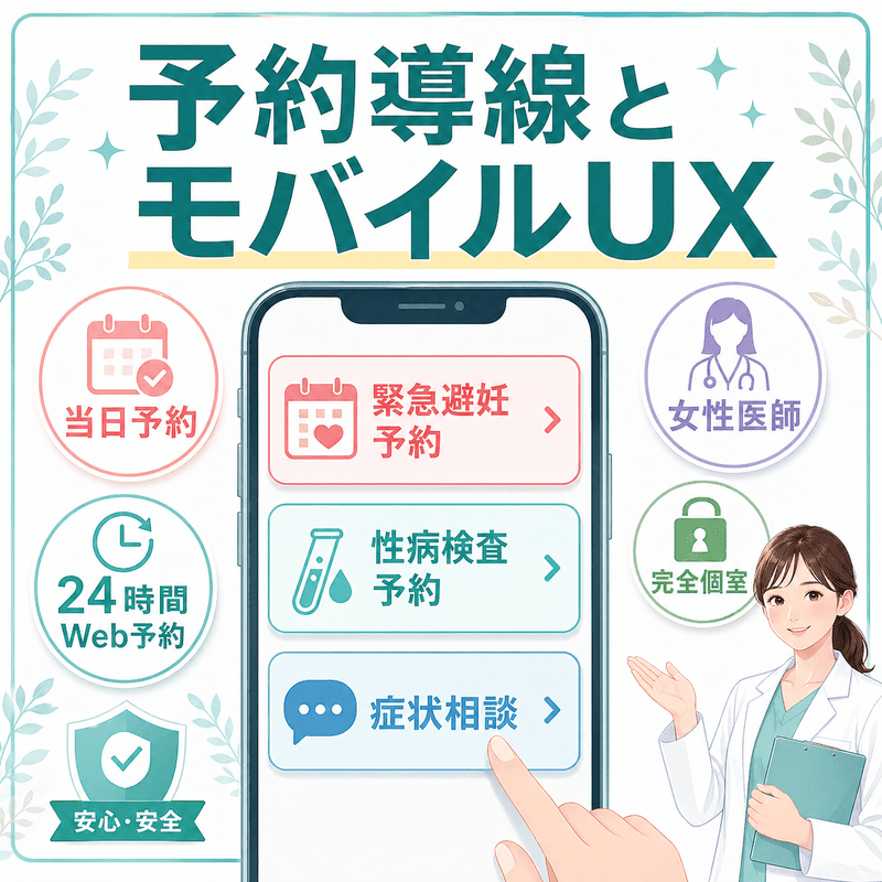 緊急避妊予約、性病検査予約、症状相談をスマホ上で分けて設計する予約導線とモバイルUXを示した図