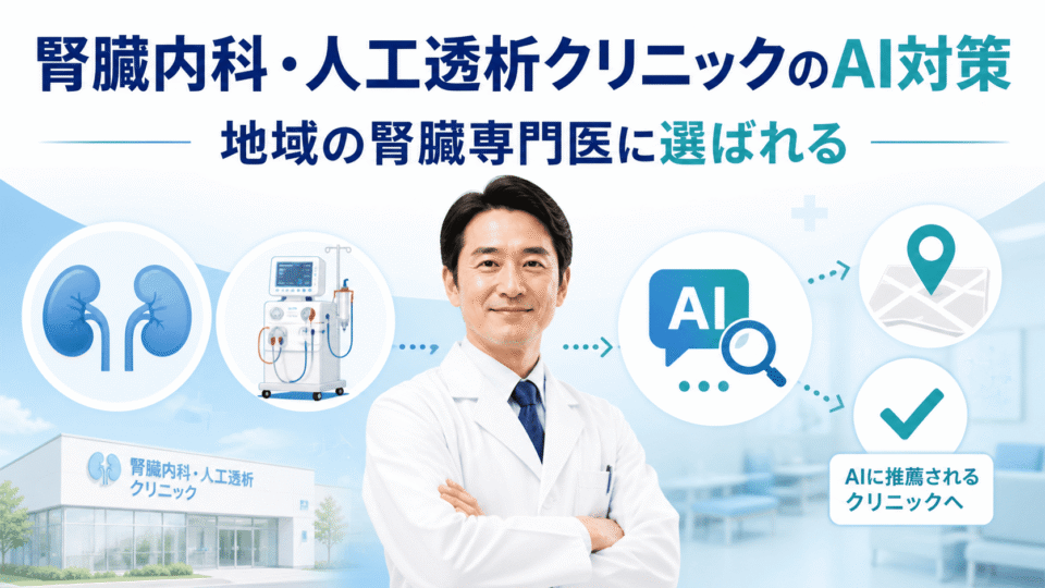 腎臓内科・人工透析クリニックがAI検索で地域の腎臓専門医として選ばれるための対策を表したアイキャッチ画像