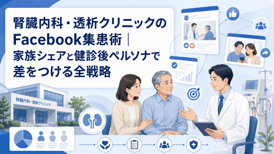 腎臓内科・透析クリニックのFacebook集患戦略を、医師・患者・家族・SNS発信の関係性で表したアイキャッチ画像